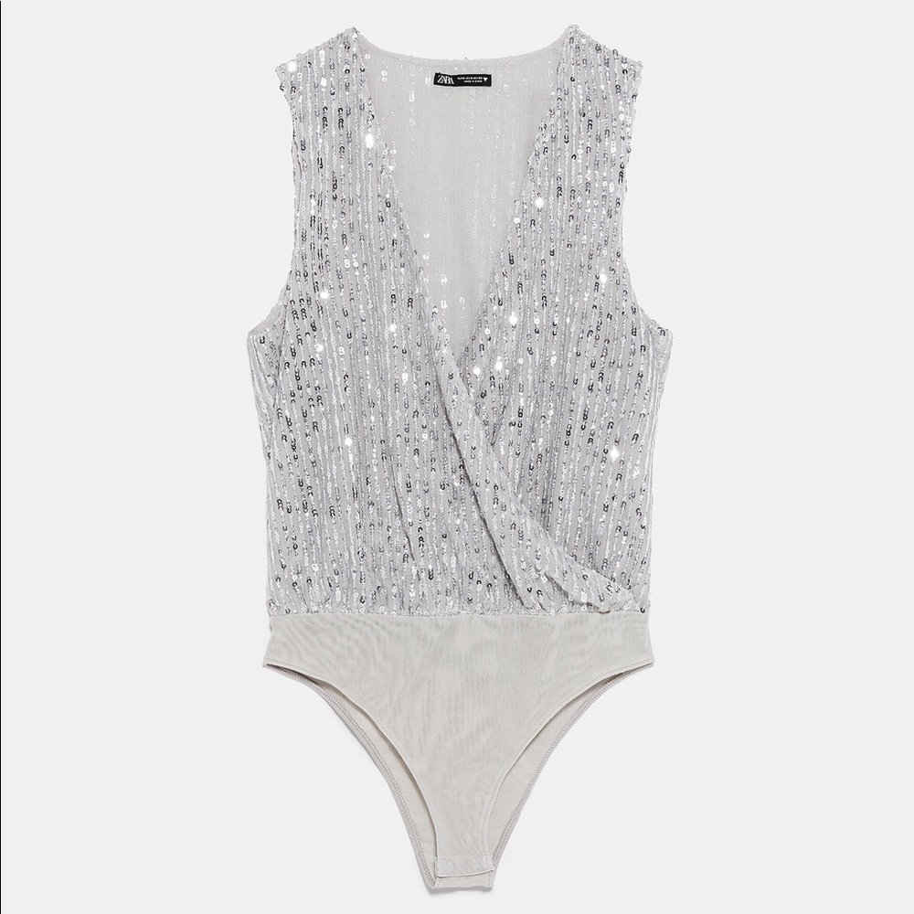 Zara Sequin Bodysuit, Gray, Woman’s size S, NWT